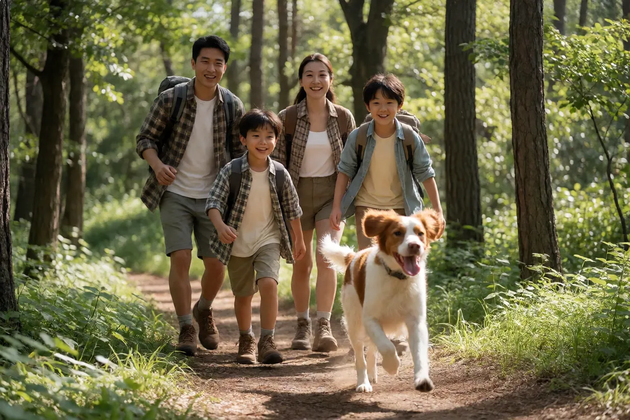 Fam&iacute;lia passeando em uma trilha com um Spaniel da Bretanha feliz