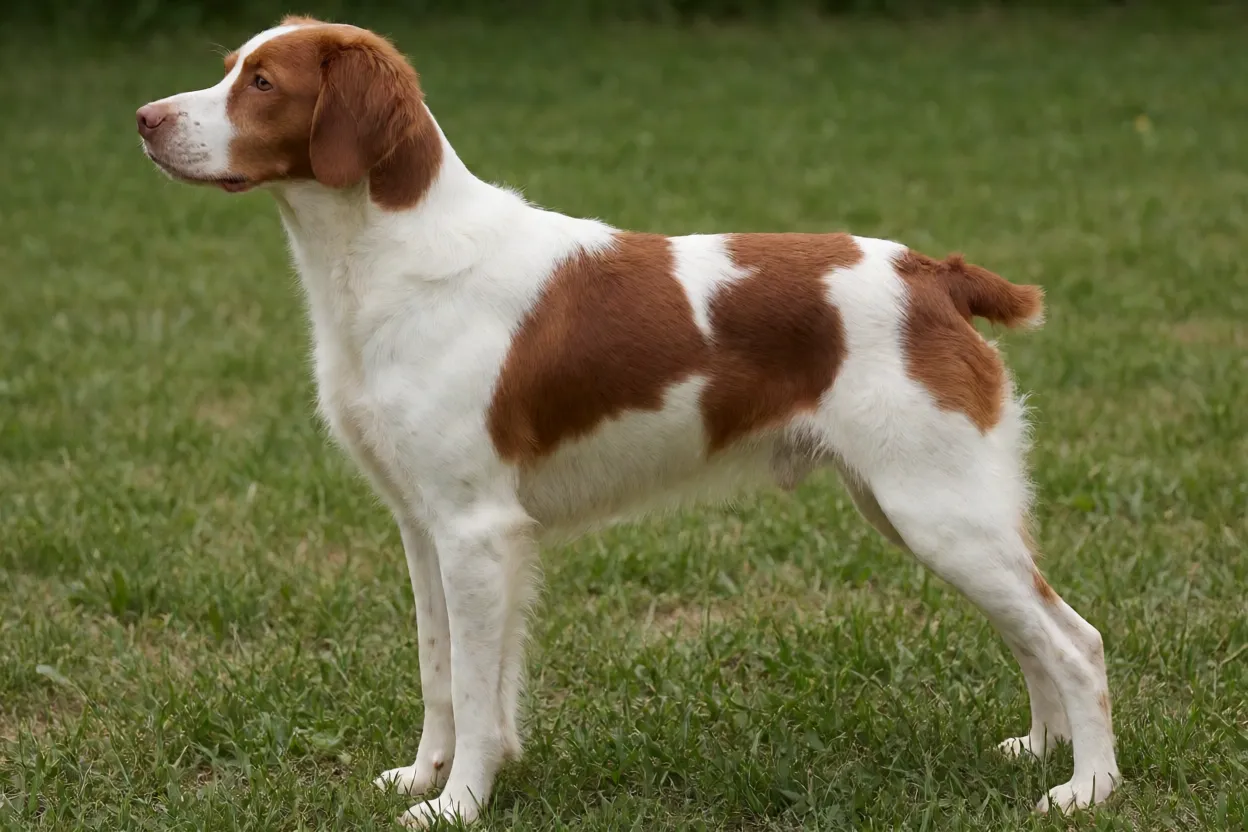 Spaniel da Bretanha de perfil mostrando o corpo quadrado e as pernas longas