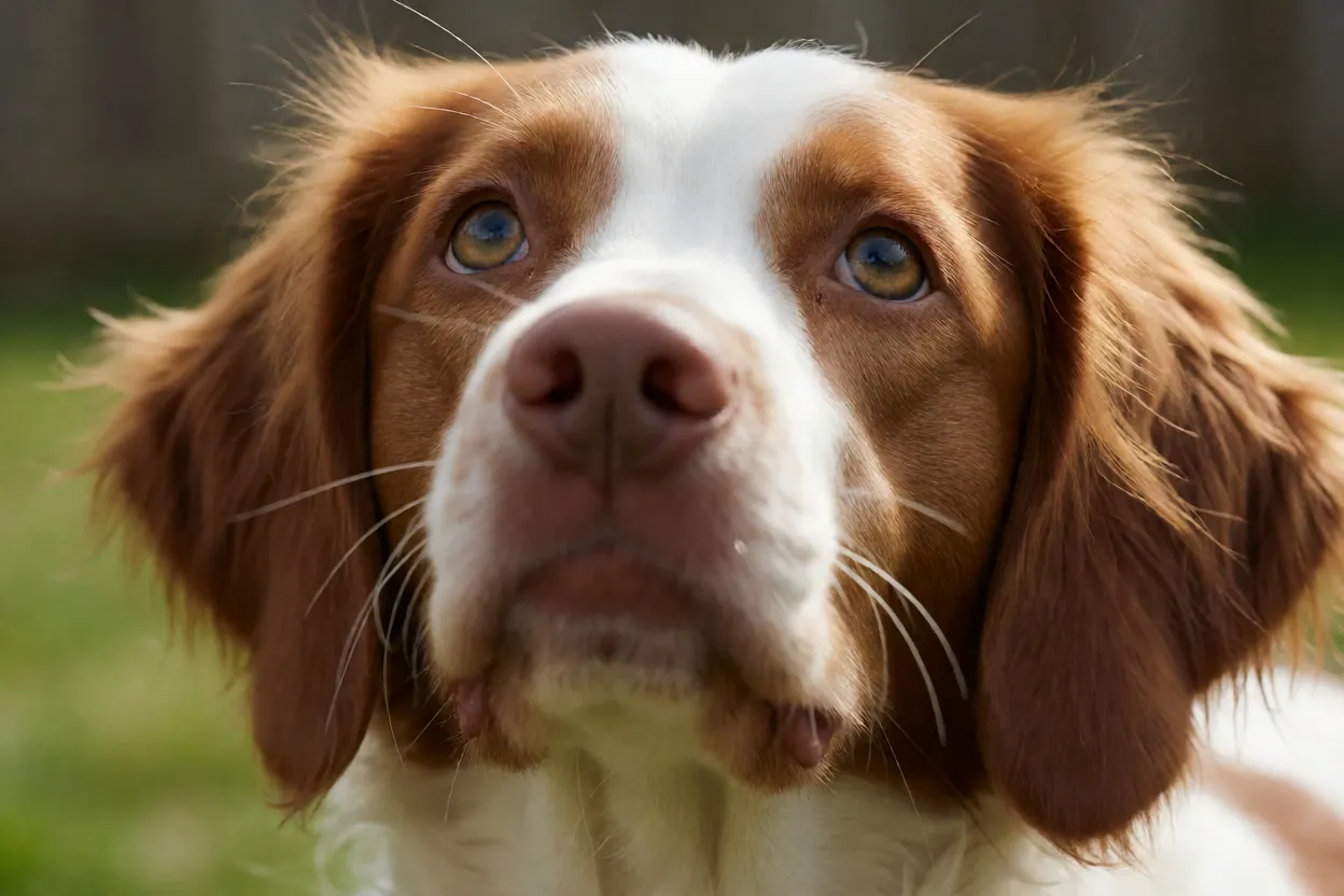 Spaniel da Bretanha com express&atilde;o suave olhando para o tutor