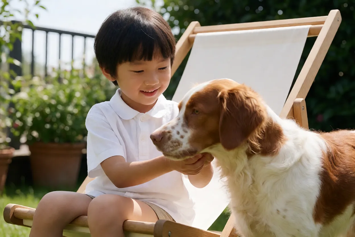Crian&ccedil;a brincando com um Spaniel da Bretanha no quintal