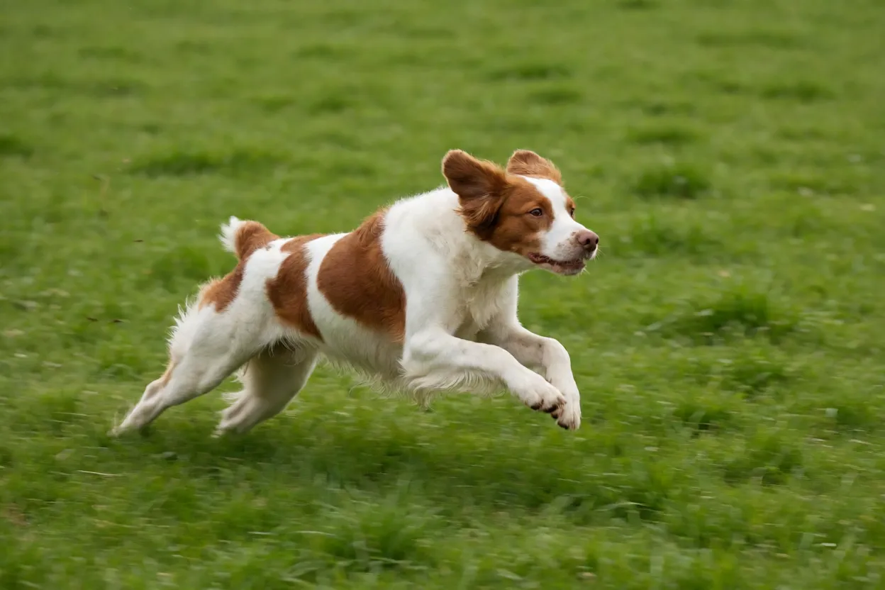 Spaniel da Bretanha correndo em um campo gramado