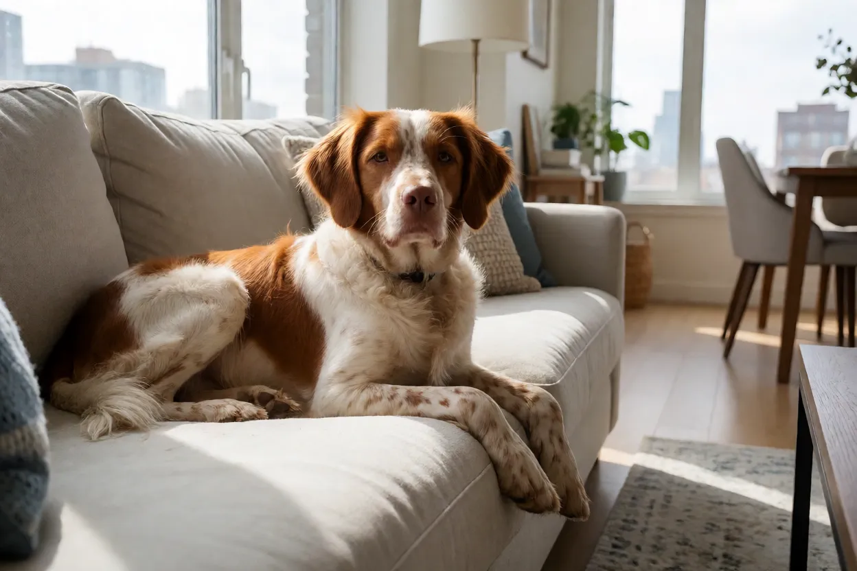 Spaniel da Bretanha descansando no sof&aacute; de um apartamento depois do passeio