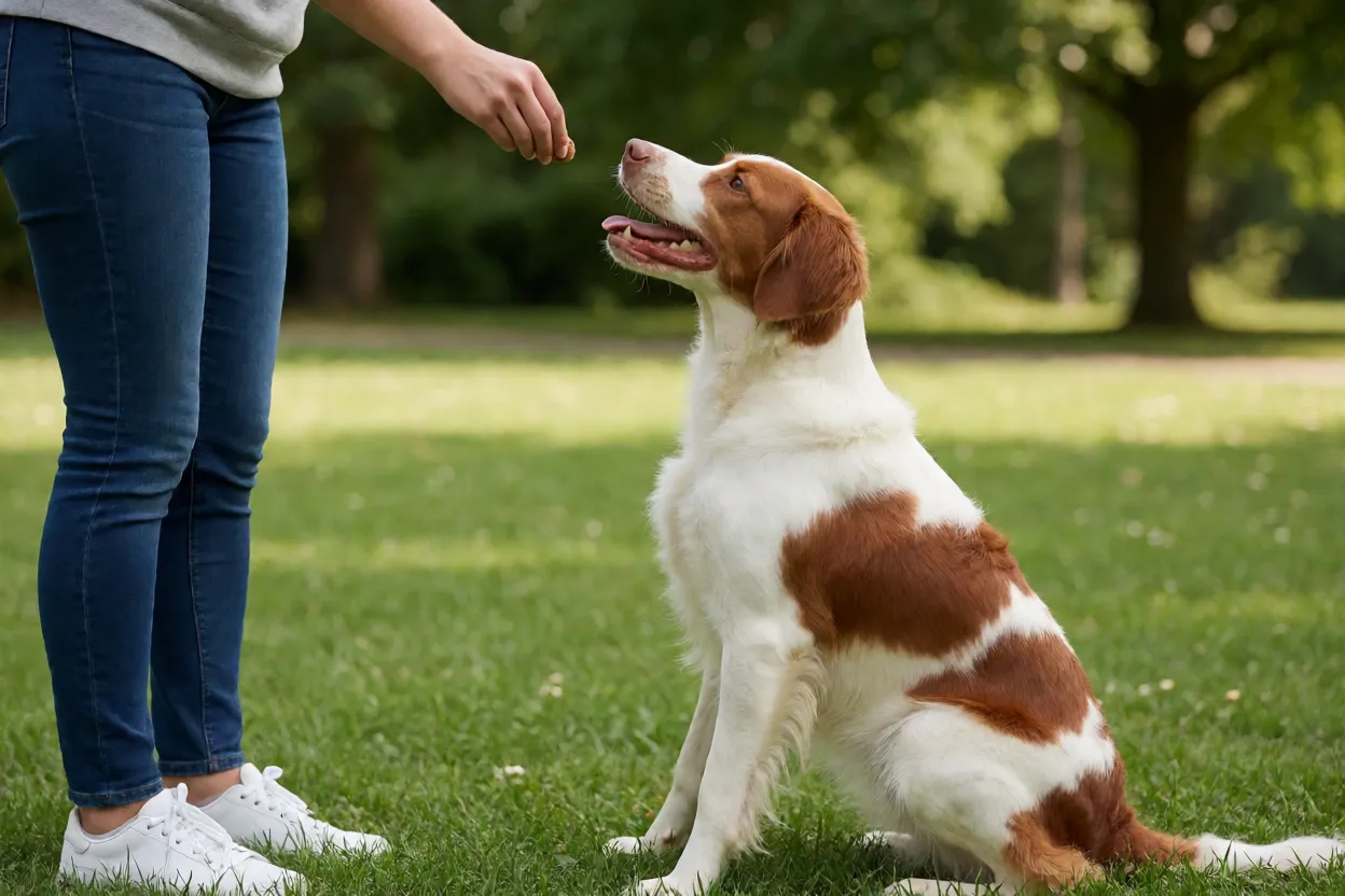Tutor ensinando um comando para o Spaniel da Bretanha com petisco