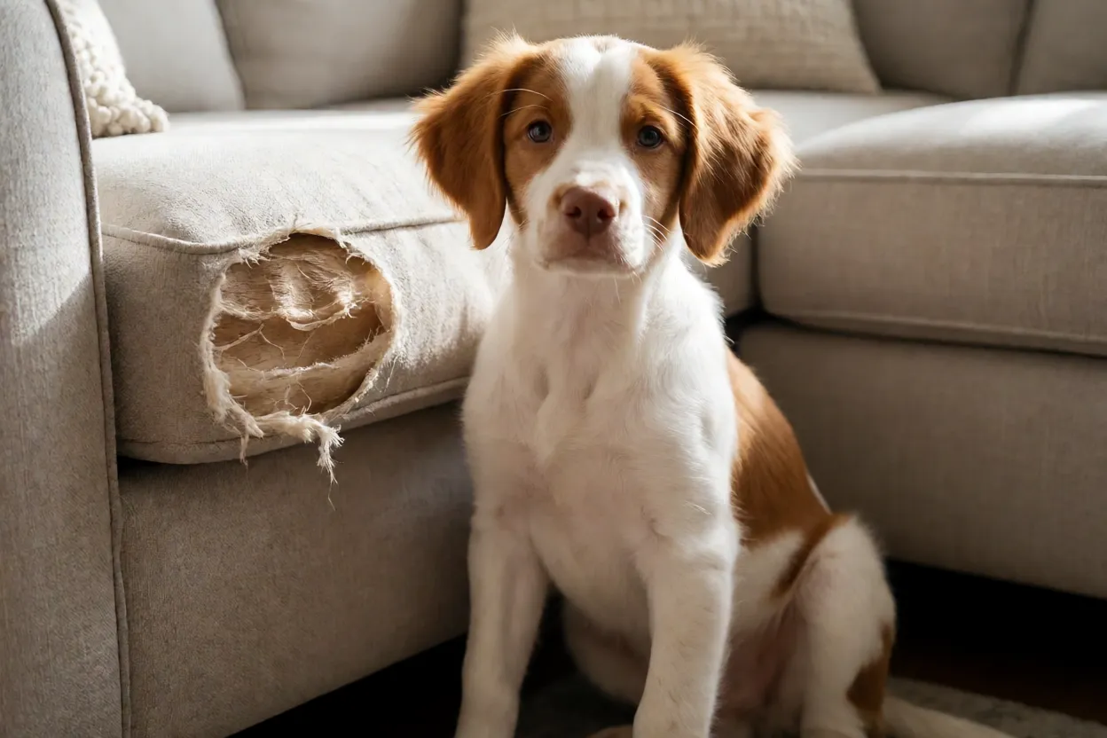 Spaniel da Bretanha filhote com uma almofada rasgada no ch&atilde;o da sala