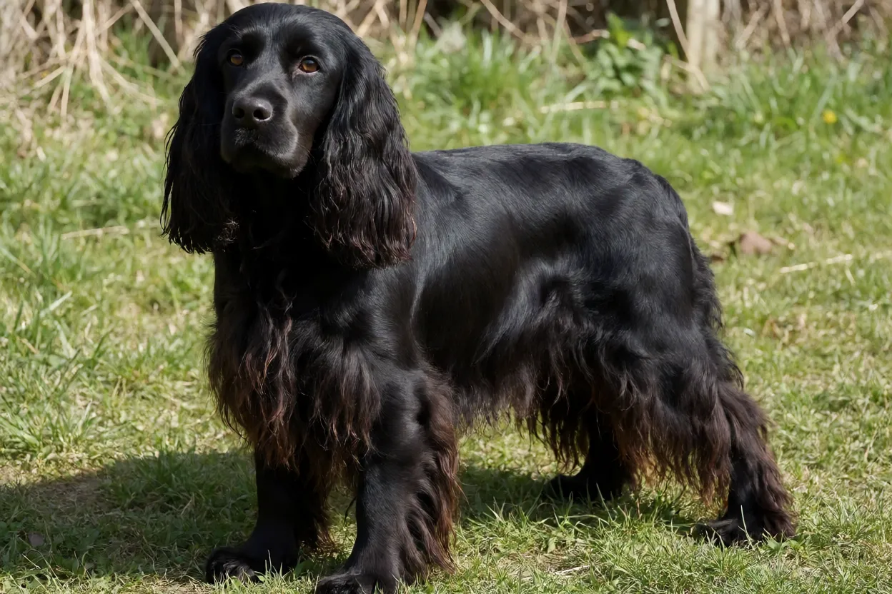 Spaniel de Campo adulto de corpo inteiro em pé na grama, pelagem preta sedosa