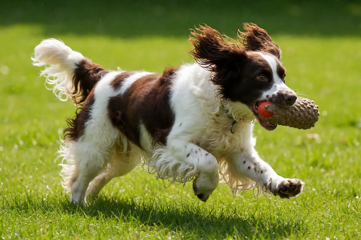 Spaniel de Campo correndo no parque buscando brinquedo