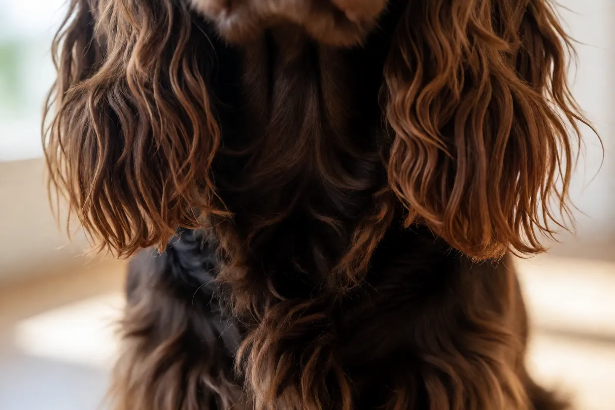 Detalhe da pelagem sedosa e franjas do Spaniel de Campo em preto e fígado