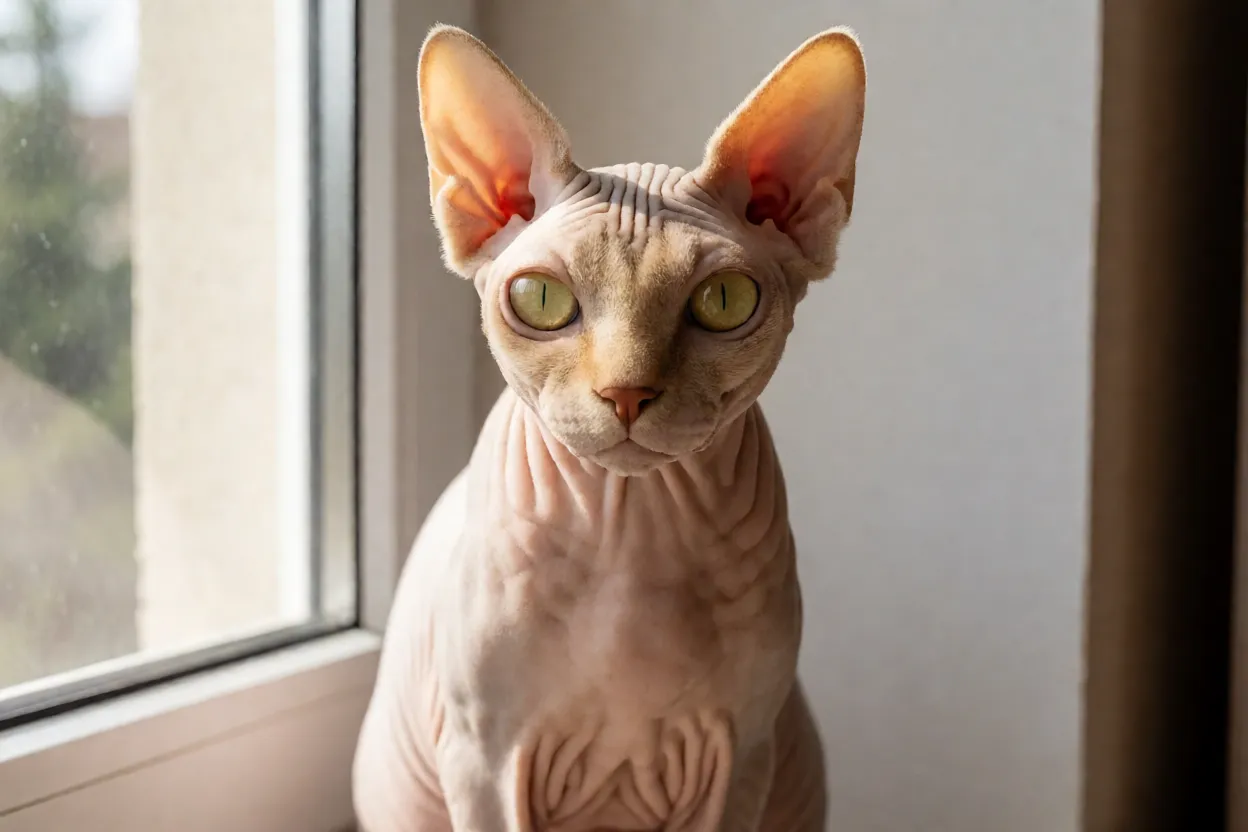 Sphynx: personalidade, pele e como cuidar do gato sem pelo Gato Sphynx adulto de pele bege com rugas e orelhas grandes em ambiente interno iluminado
