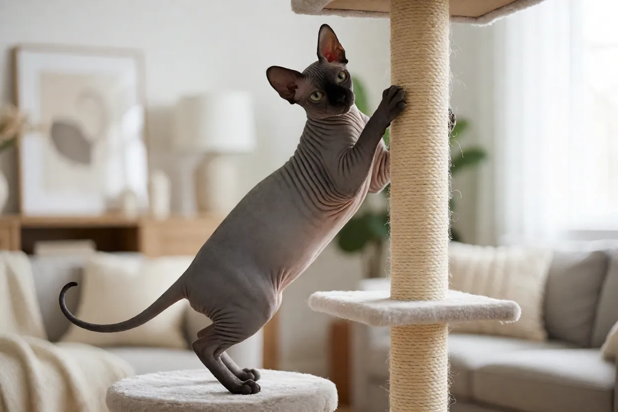 Sphynx: personalidade, pele e como cuidar do gato sem pelo Sphynx escalando arranhador alto em sala aconchegante