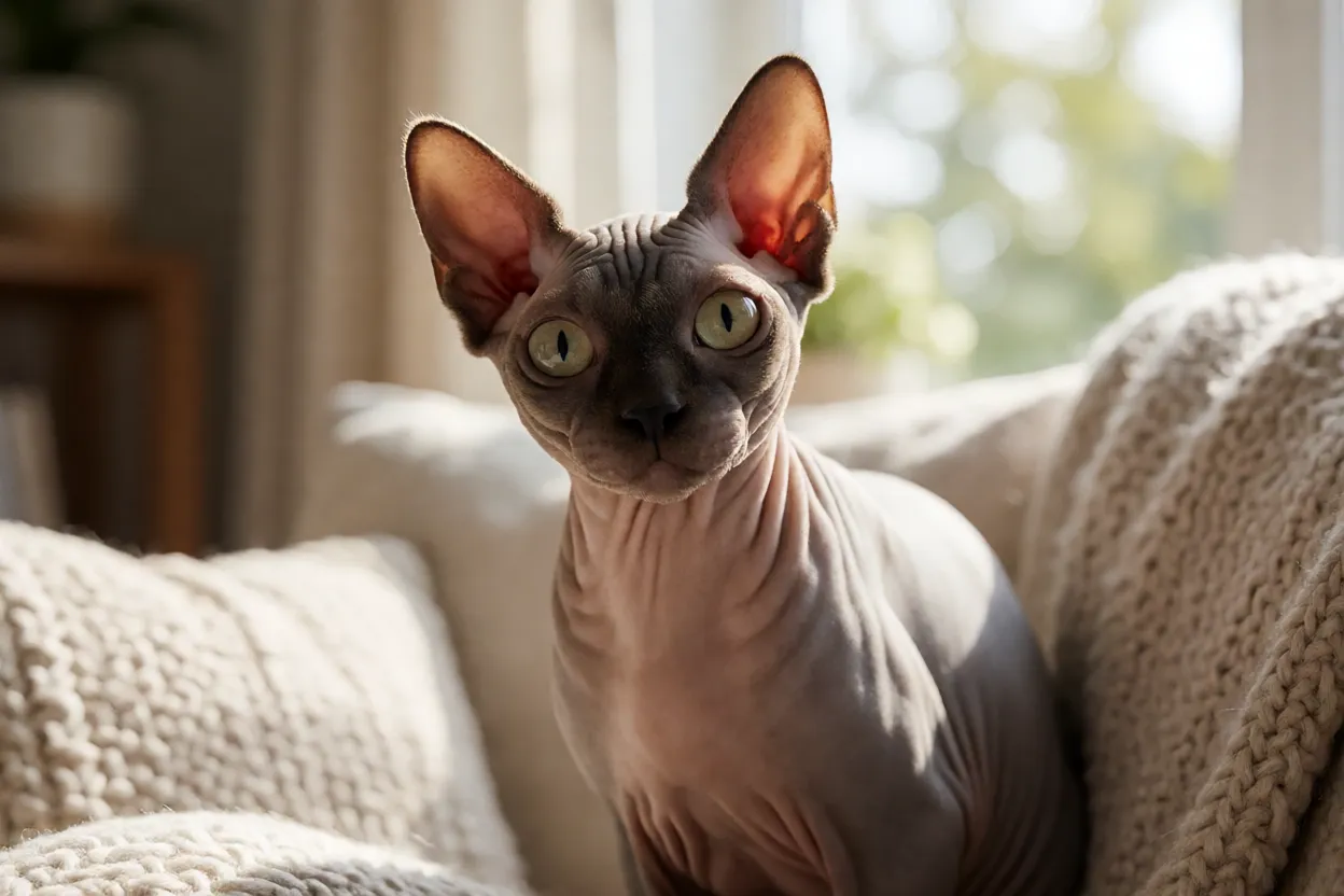 Sphynx: personalidade, pele e como cuidar do gato sem pelo Sphynx adulto olhando para a câmera com expressão carinhosa em ambiente doméstico