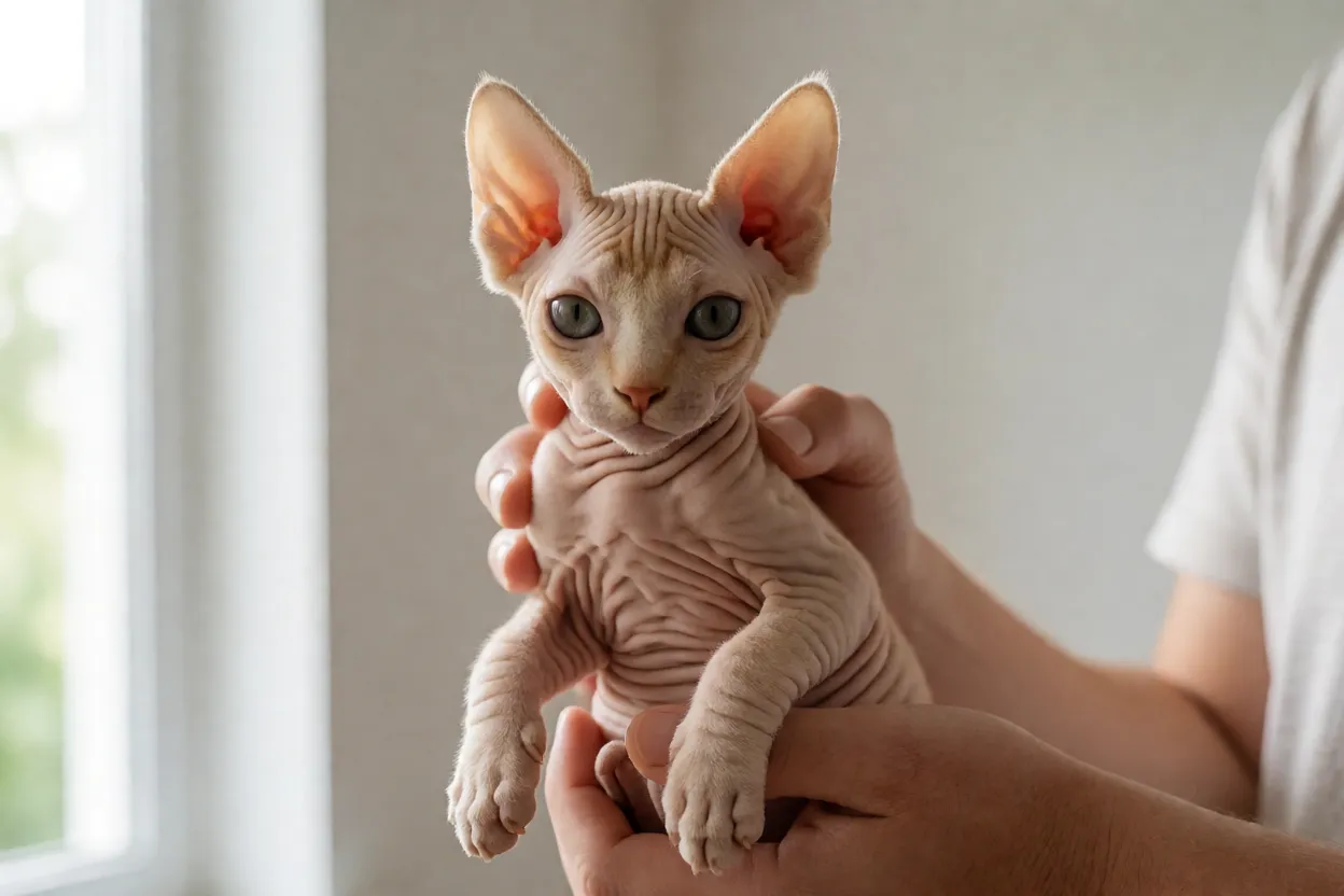 Sphynx: personalidade, pele e como cuidar do gato sem pelo Filhote Sphynx enrugado sendo segurado com cuidado em mãos humanas