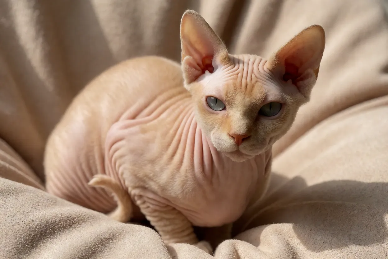 Sphynx: personalidade, pele e como cuidar do gato sem pelo Close-up da pele enrugada e textura de pêssego de um gato Sphynx