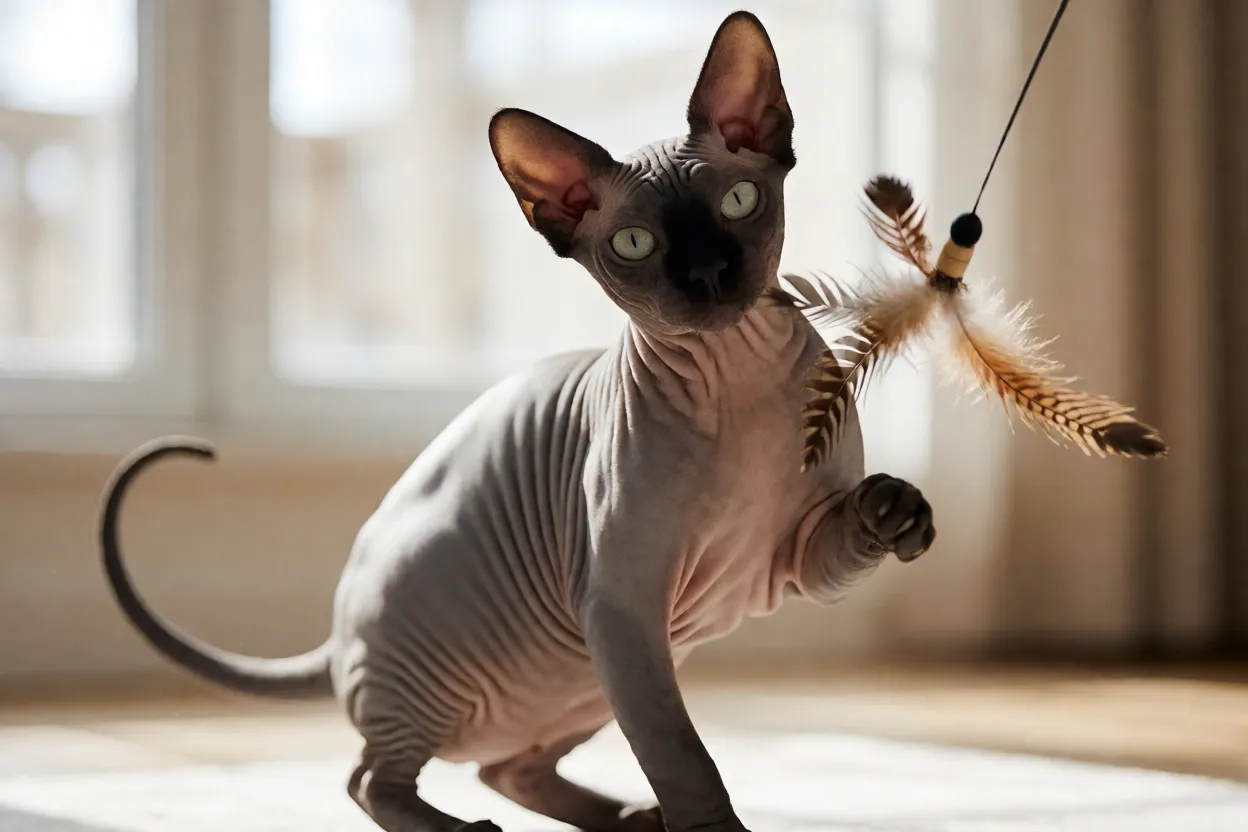 Sphynx: personalidade, pele e como cuidar do gato sem pelo Sphynx brincando com brinquedo de pena em sala iluminada