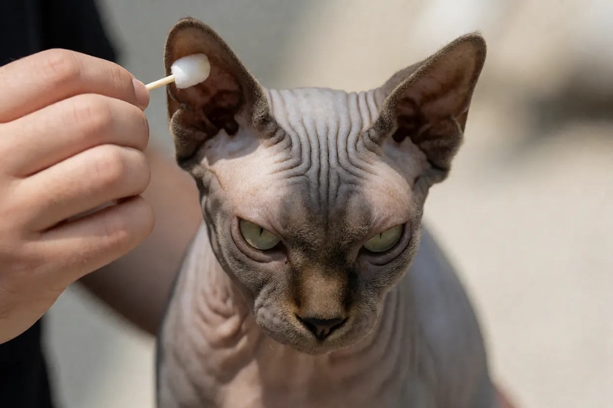 Sphynx: personalidade, pele e como cuidar do gato sem pelo Close-up de orelha grande de Sphynx sendo limpa com cuidado