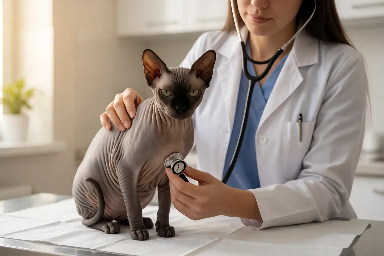 Sphynx: personalidade, pele e como cuidar do gato sem pelo Veterinário examinando coração de gato Sphynx com estetoscópio