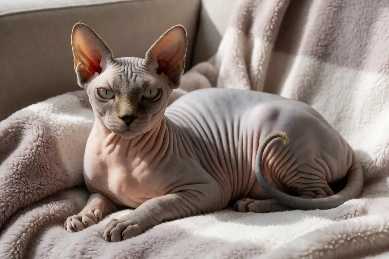 Sphynx: personalidade, pele e como cuidar do gato sem pelo Sphynx com pele limpa e saudável deitado em cobertor macio