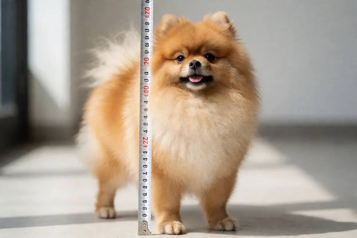 Spitz Alemão: tamanhos, personalidade e como cuidar do lulu-da-pomerânia Lulu da Pomerânia adulto ao lado de fita métrica mostrando altura