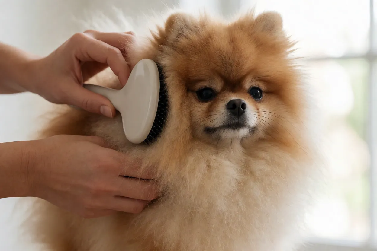 Spitz Alemão: tamanhos, personalidade e como cuidar do lulu-da-pomerânia Escovação da pelagem densa de um Lulu da Pomerânia