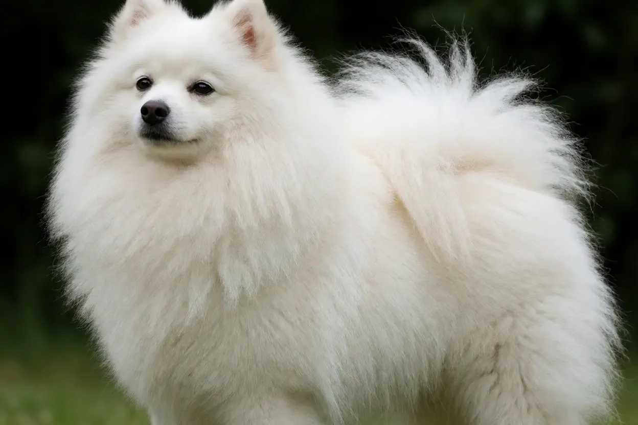 Spitz japon&ecirc;s adulto branco de perfil mostrando a juba e a cauda emplumada