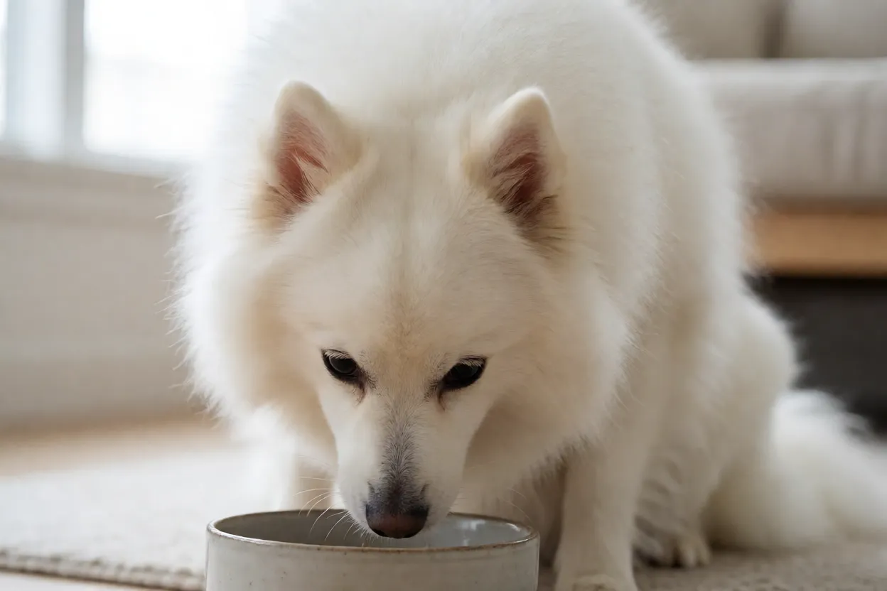 Spitz japon&ecirc;s adulto comendo ra&ccedil;&atilde;o em tigela