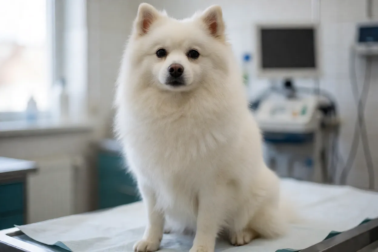 Spitz japon&ecirc;s em consulta veterin&aacute;ria de rotina