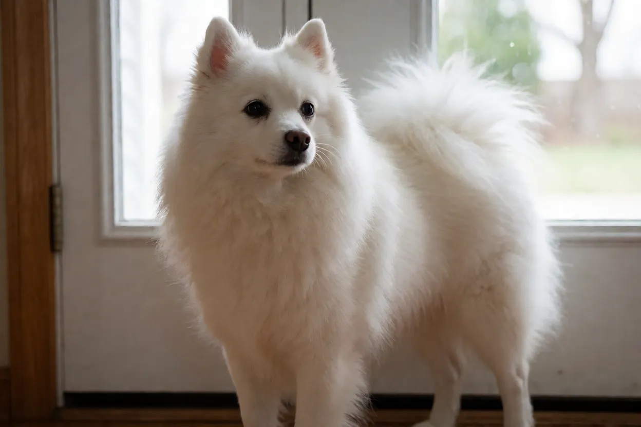 Spitz japon&ecirc;s observando a porta de casa em postura alerta