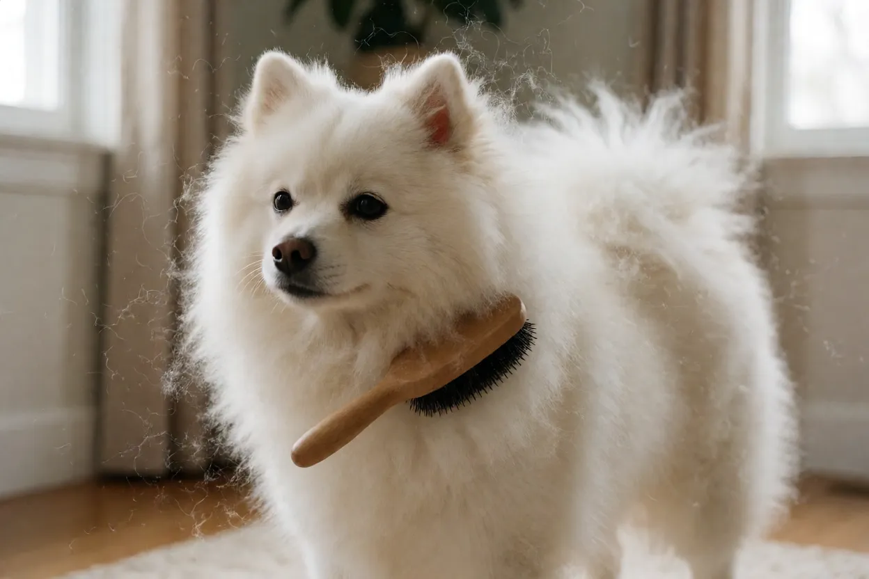 Spitz japon&ecirc;s sendo escovado durante a muda de pelo