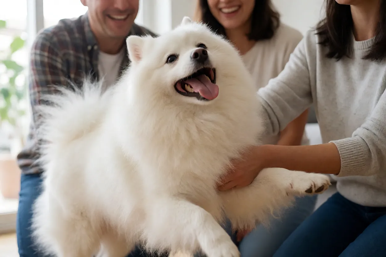 Spitz japon&ecirc;s brincando alegremente com a fam&iacute;lia em ambiente interno