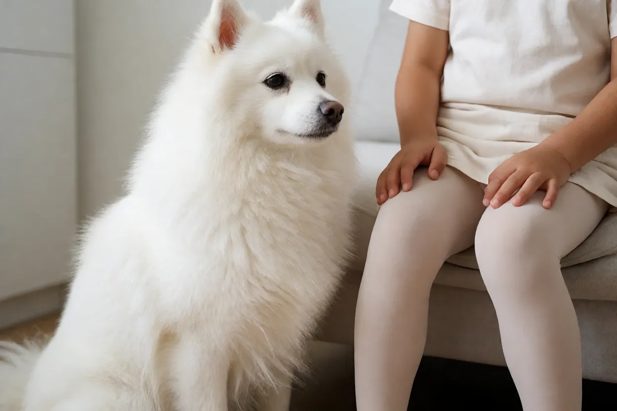 Spitz japon&ecirc;s interage calmamente com uma crian&ccedil;a