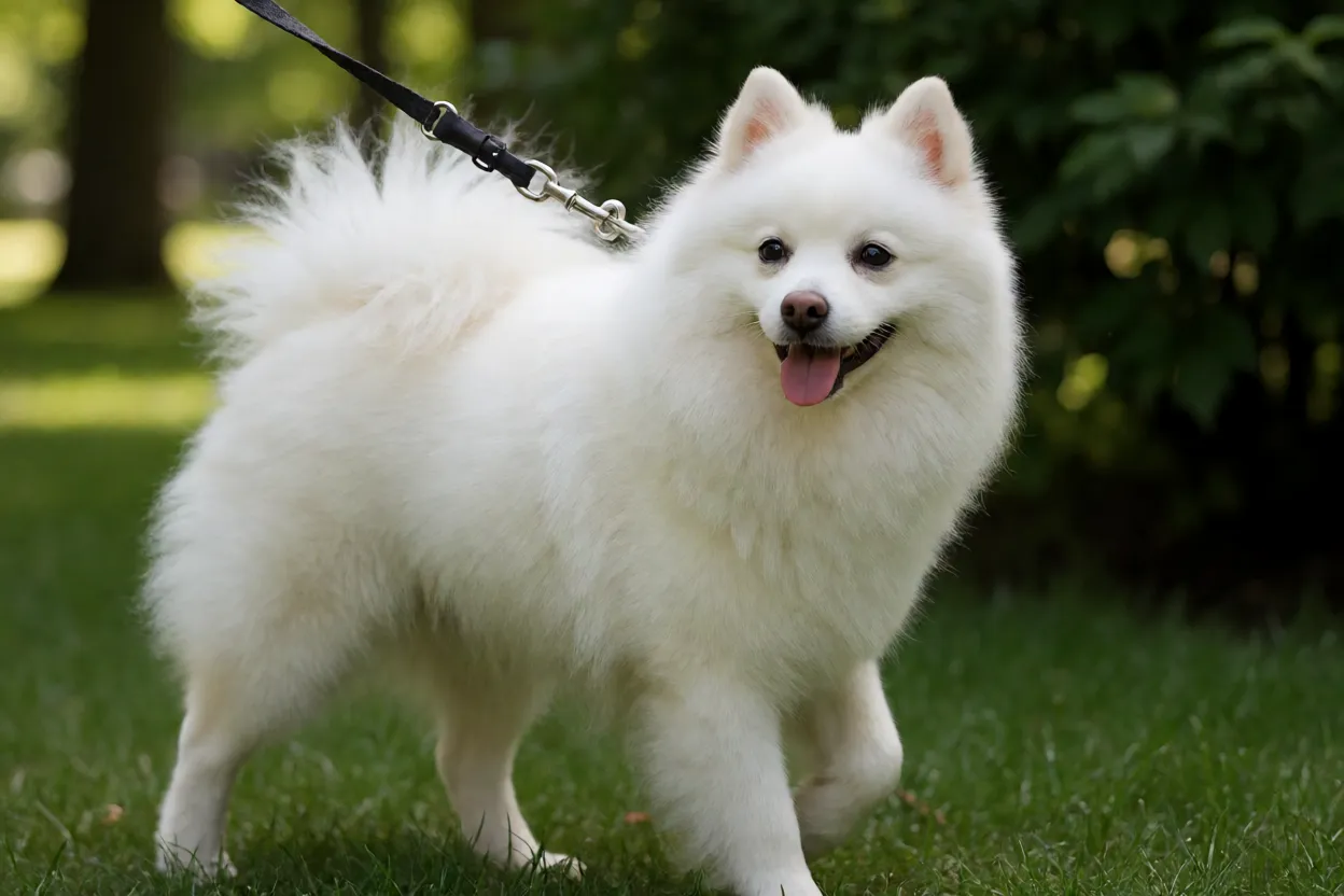 Spitz japon&ecirc;s em caminhada ao ar livre em parque