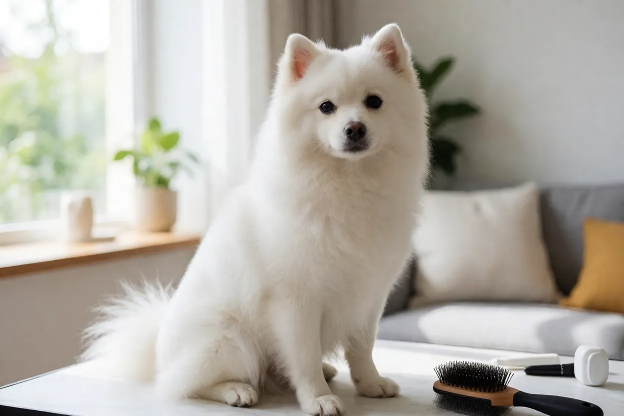 Spitz japon&ecirc;s em rotina de higiene com escova e cuidados