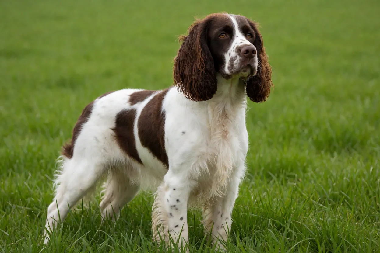 Springer Spaniel ingl&ecirc;s adulto em pose alerta em ambiente natural