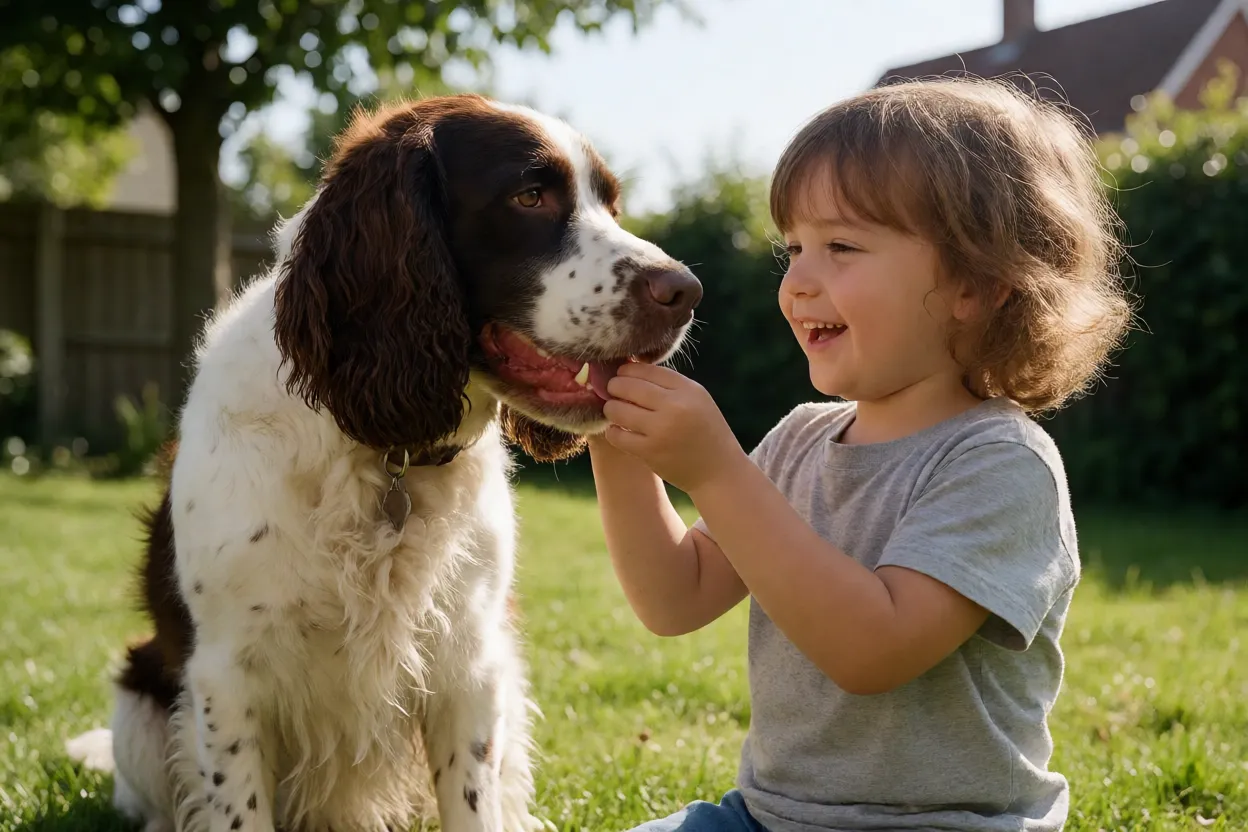 Springer Spaniel ingl&ecirc;s brincando com crian&ccedil;a em jardim