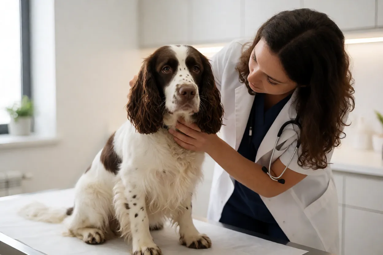 Springer Spaniel ingl&ecirc;s em consulta veterin&aacute;ria de rotina