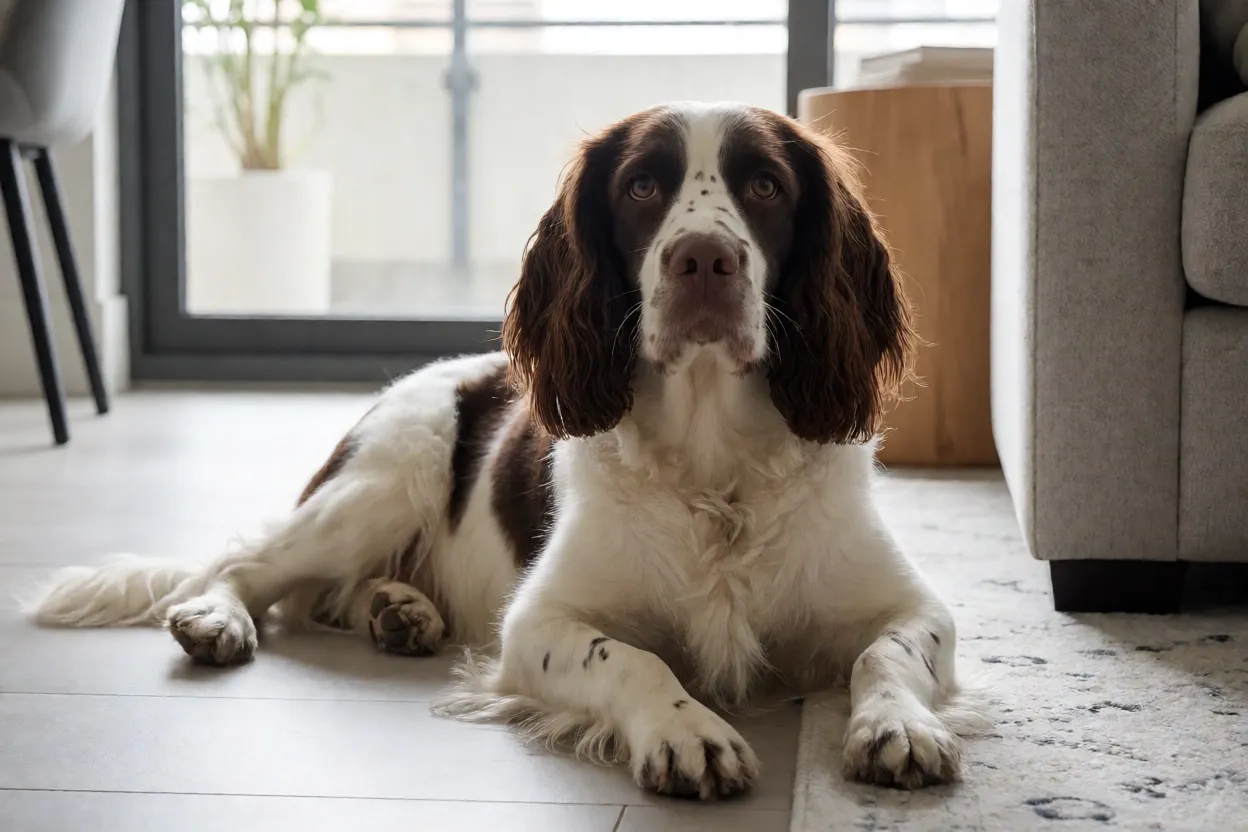 Springer Spaniel ingl&ecirc;s descansando em apartamento moderno