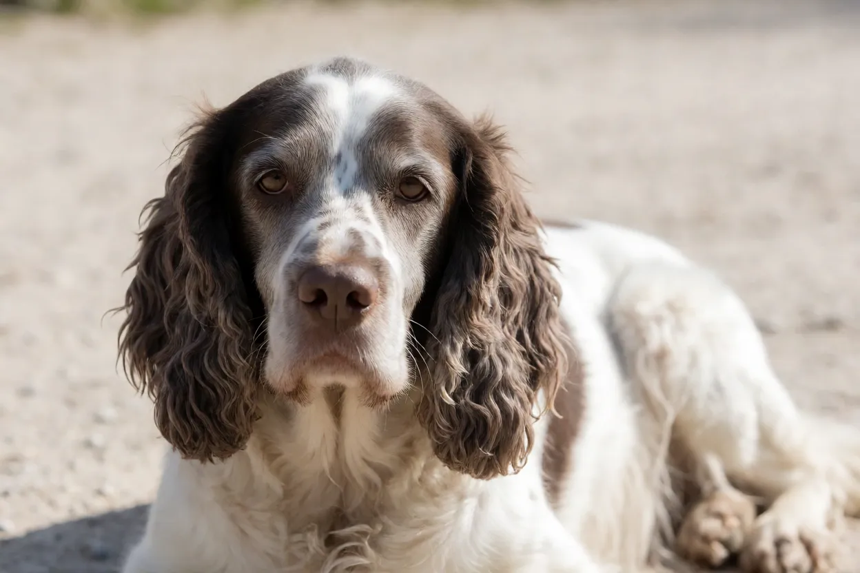 Springer Spaniel ingl&ecirc;s idoso descansando ao sol