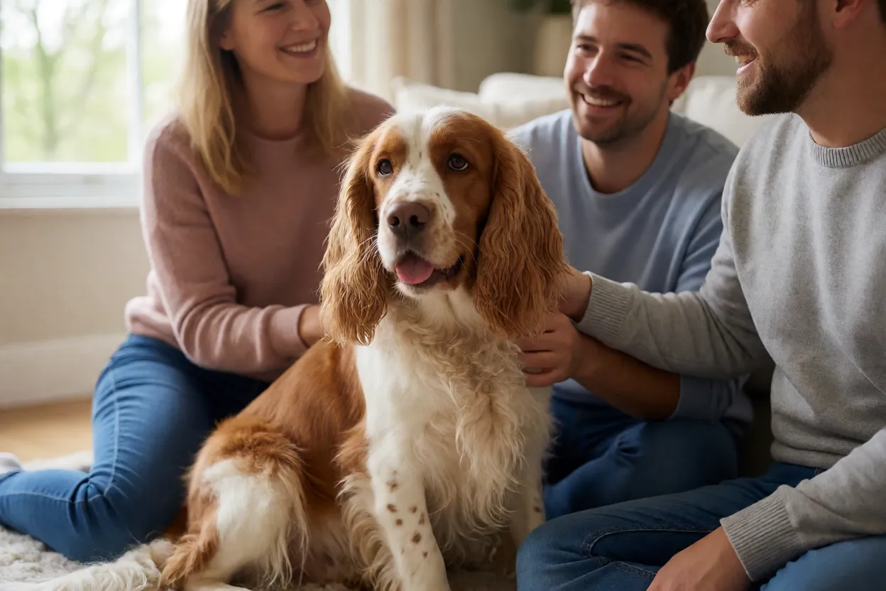 Springer Spaniel ingl&ecirc;s interage carinhosamente com fam&iacute;lia