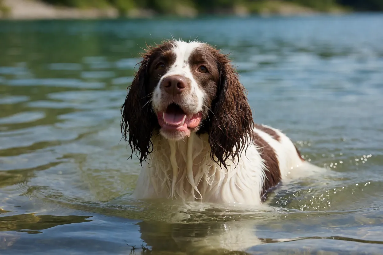 Springer Spaniel ingl&ecirc;s nadando em lago