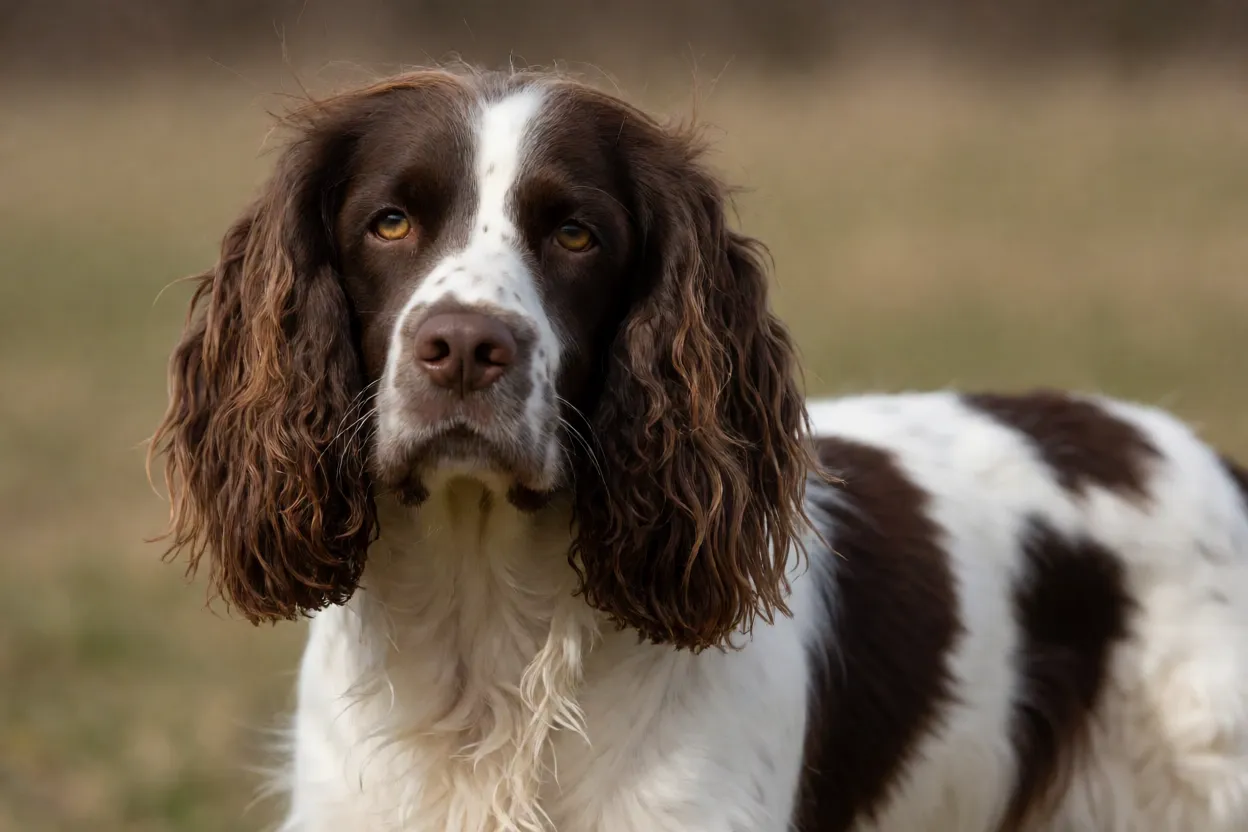 Detalhe da pelagem emplumada de Springer Spaniel ingl&ecirc;s