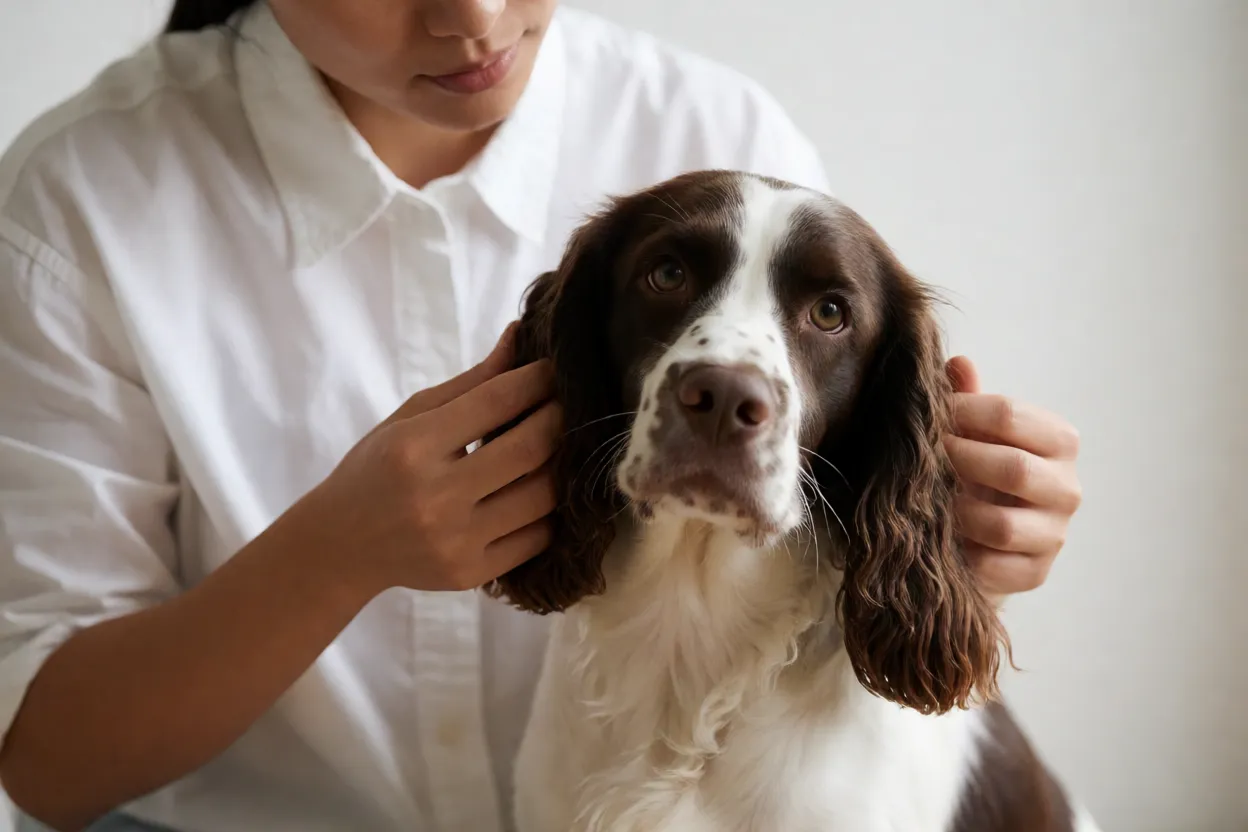 Tutor limpando orelha de Springer Spaniel ingl&ecirc;s