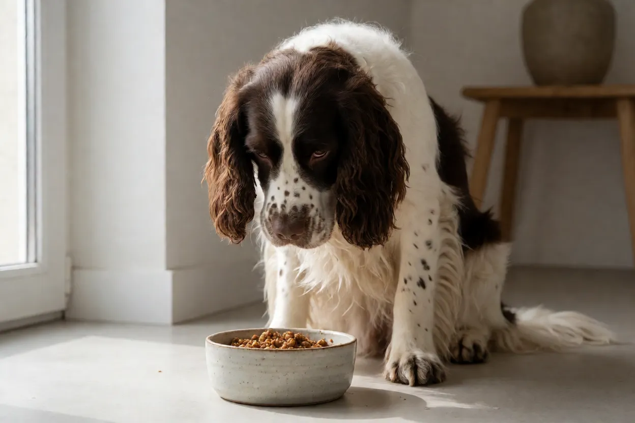Springer Spaniel ingl&ecirc;s comendo ra&ccedil;&atilde;o em tigela