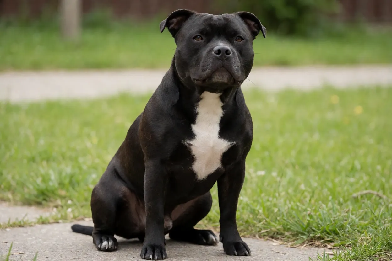 Staffordshire Bull Terrier: personalidade, energia e cuidados com a raça Staffordshire Bull Terrier adulto executando comando senta