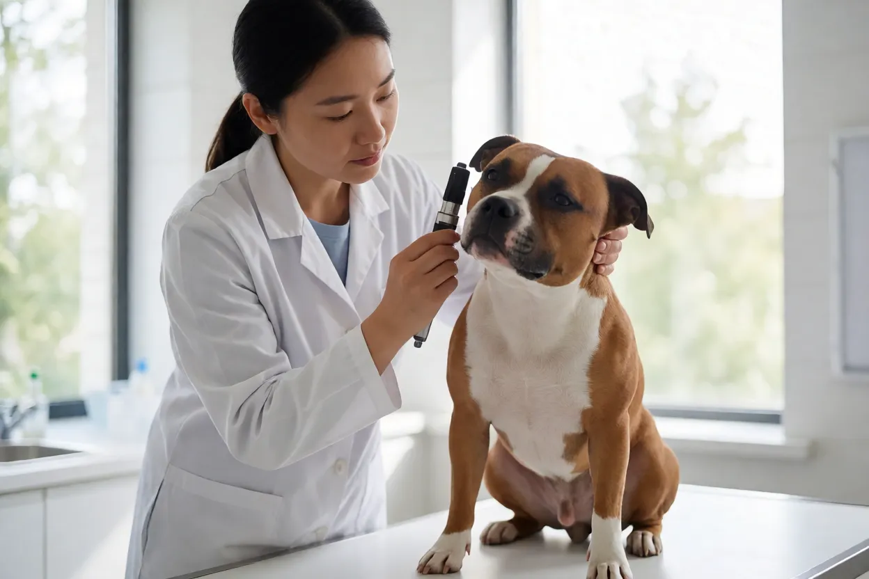 Staffordshire Bull Terrier: personalidade, energia e cuidados com a raça Veterinário examinando olhos de um Staffordshire Bull Terrier