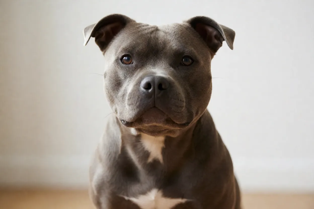 Staffordshire Bull Terrier: personalidade, energia e cuidados com a raça Staffordshire Bull Terrier com expressão de desconforto ou coceira