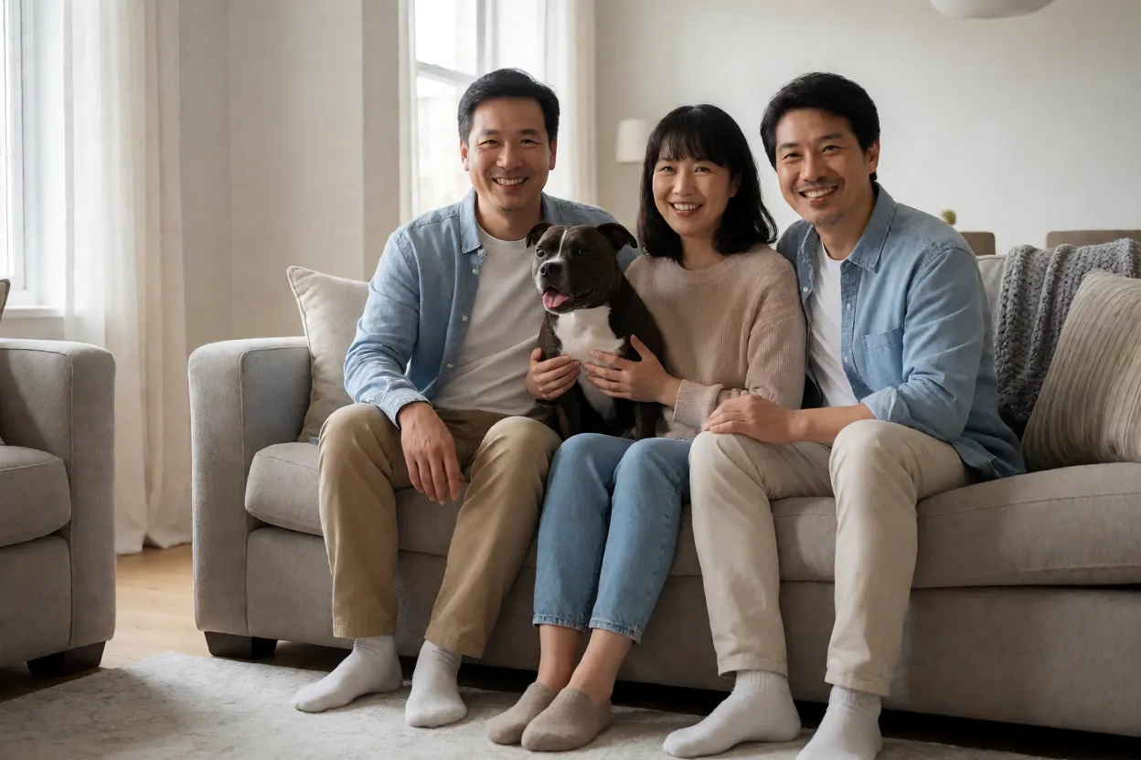Staffordshire Bull Terrier: personalidade, energia e cuidados com a raça Família feliz com Staffordshire Bull Terrier no sofá