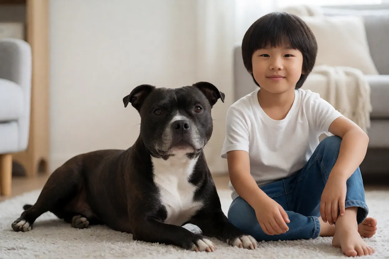 Staffordshire Bull Terrier: personalidade, energia e cuidados com a raça Staffordshire Bull Terrier deitado calmamente ao lado de criança