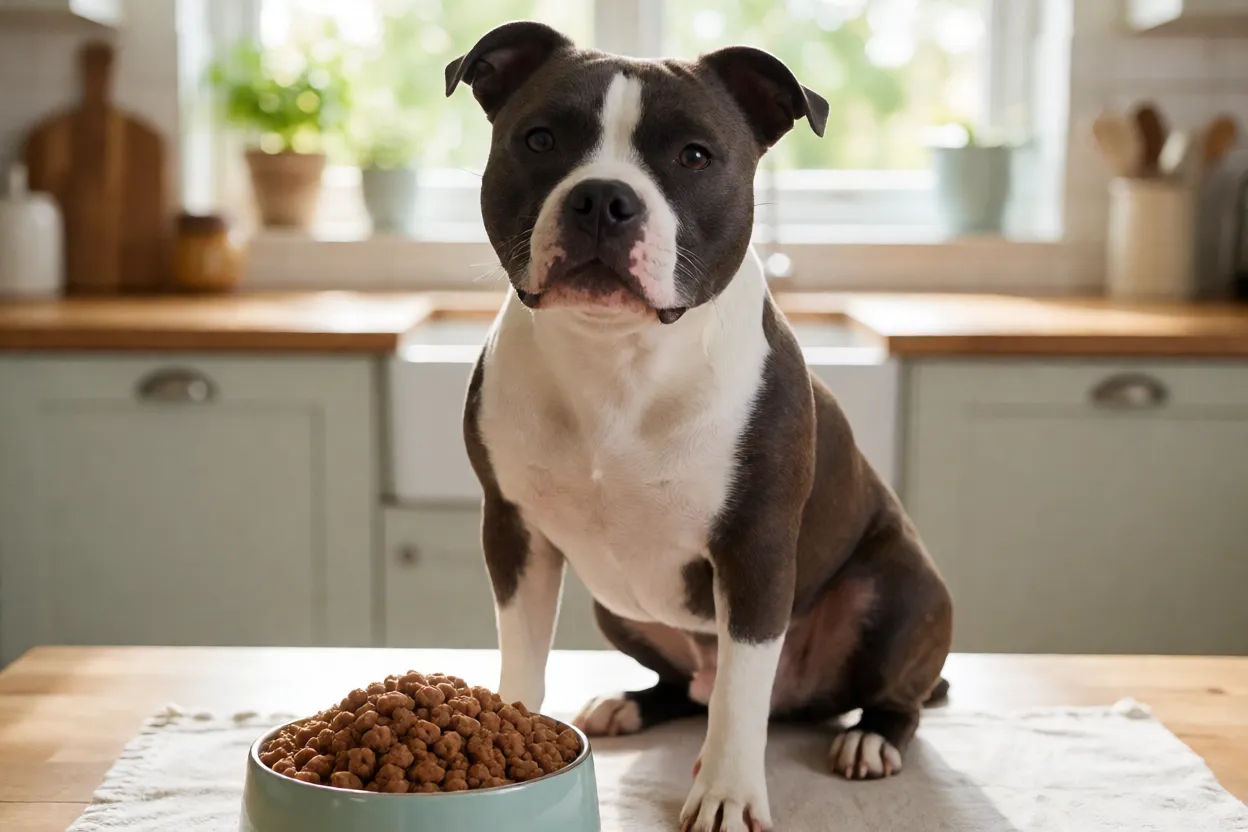 Staffordshire Bull Terrier: personalidade, energia e cuidados com a raça Tigela de ração de qualidade ao lado de Staffordshire Bull Terrier