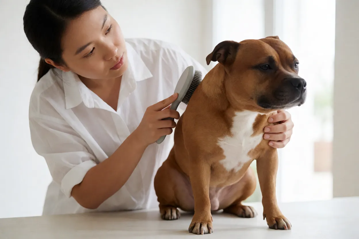 Staffordshire Bull Terrier: personalidade, energia e cuidados com a raça Pessoa escovando a pelagem curta de um Staffordshire Bull Terrier