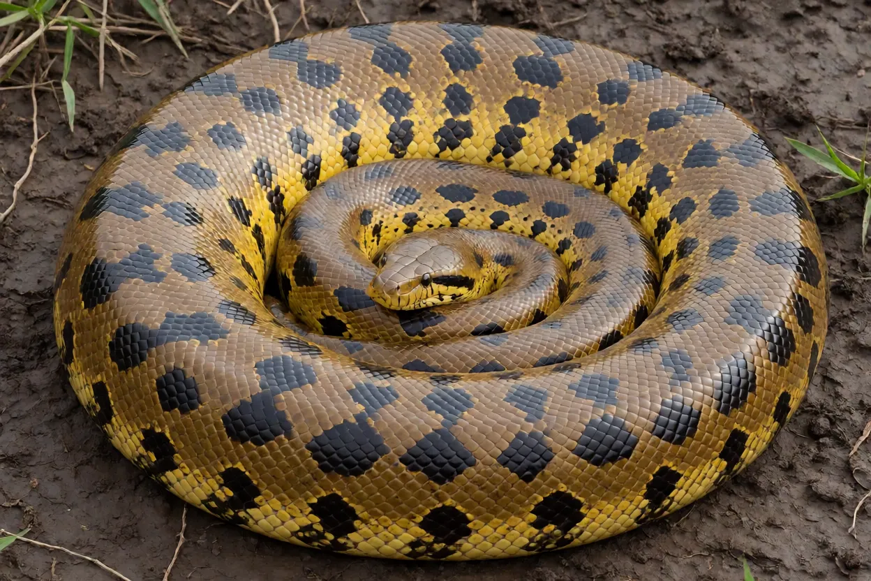 Sucuri-amarela adulta com coloração amarela e manchas pretas enrolada em solo úmido do Pantanal
