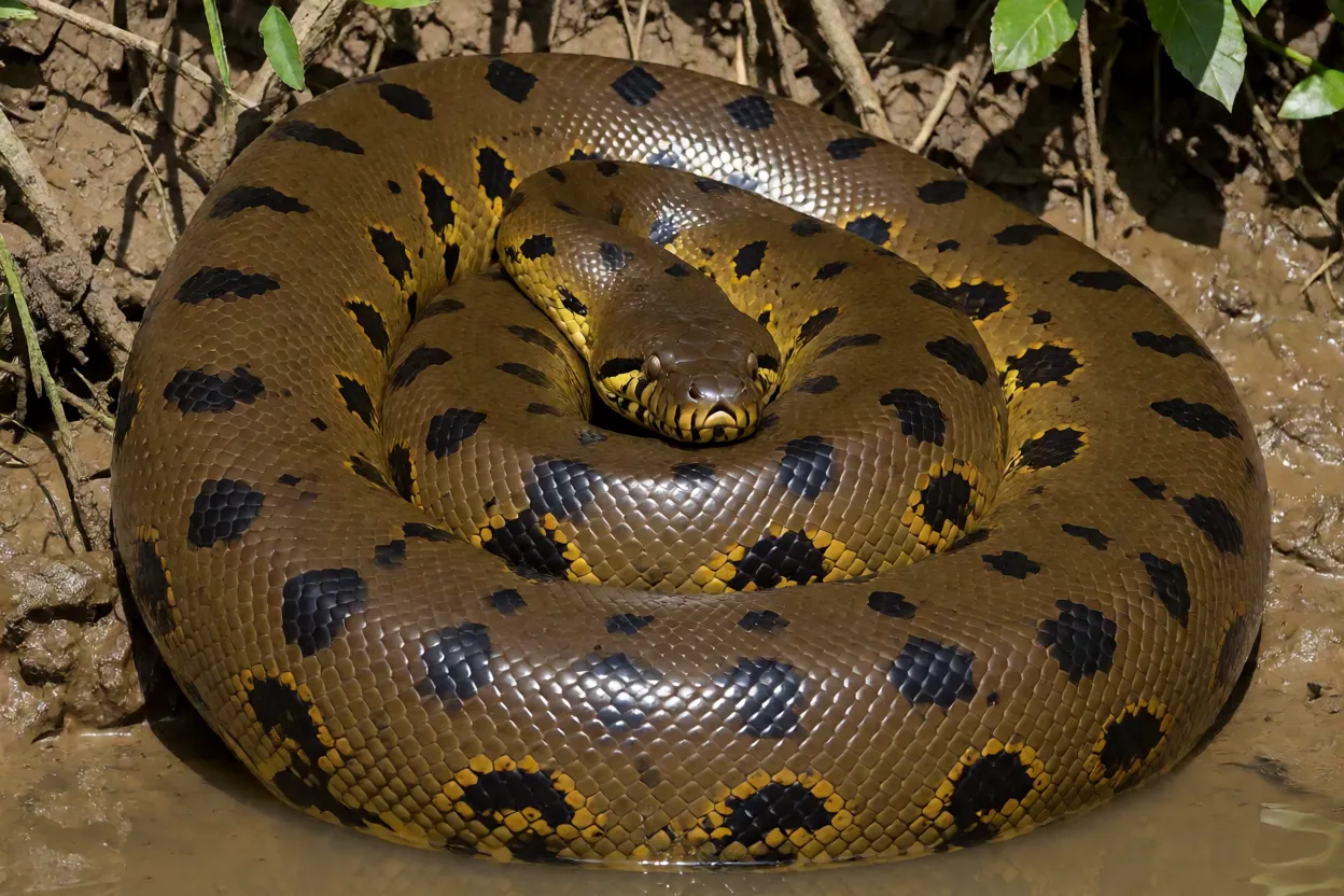 Sucuri-verde adulta de corpo inteiro enrolada na margem de rio amazônico